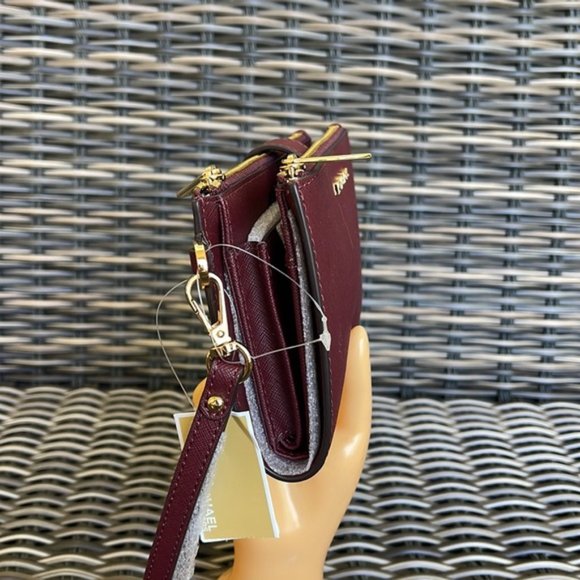 Michael Kors Jet Set Travel Large Double Zip Wristlet Wallet Dark Cherry Leather - Picture 6 of 16